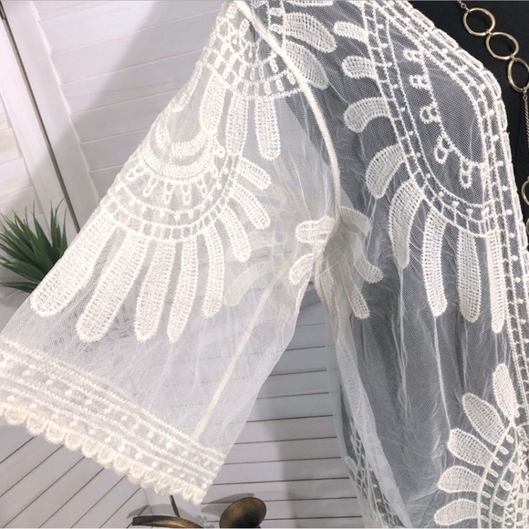 Rebellion Again Small Long Kimono Duster Boho Lace Mesh Cover Up Open Cardigan - Picture 8 of 10